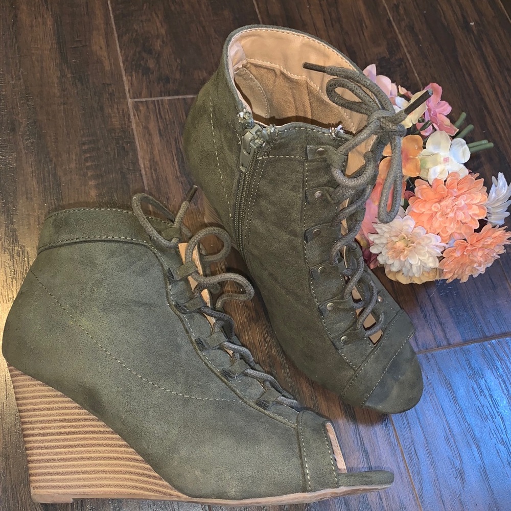 Army green laced up wedges